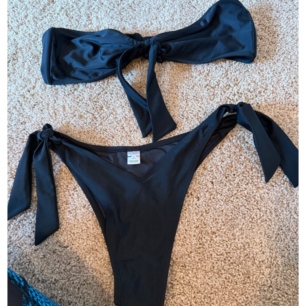 RELLECIGA Black Bandeau Tie Side Bikini Set Two Piece Swimsuit Medium